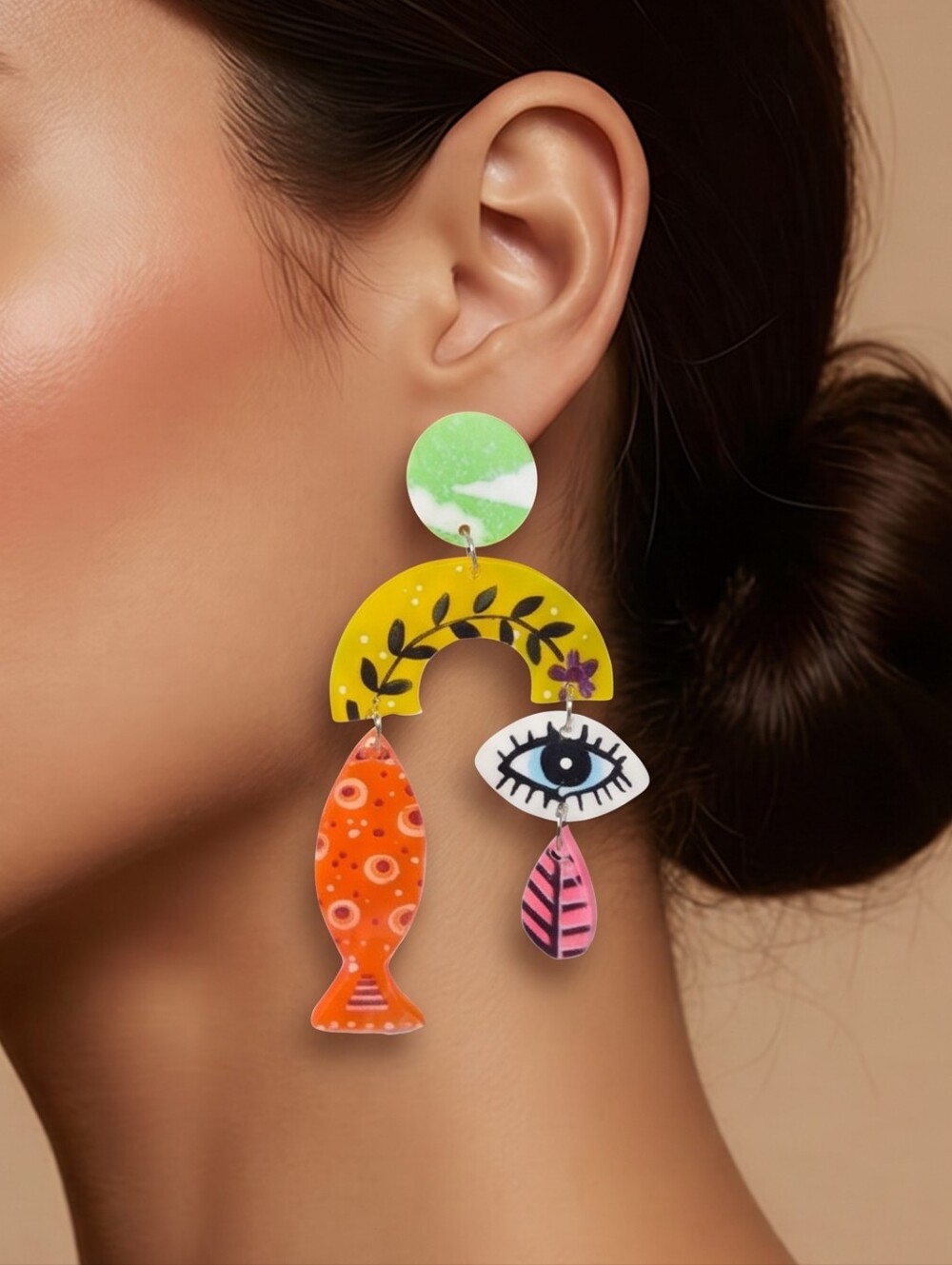 Colorful Abstract Fish Eye Leaf Acrylic Earrings Geometric Statement Art Jewelry